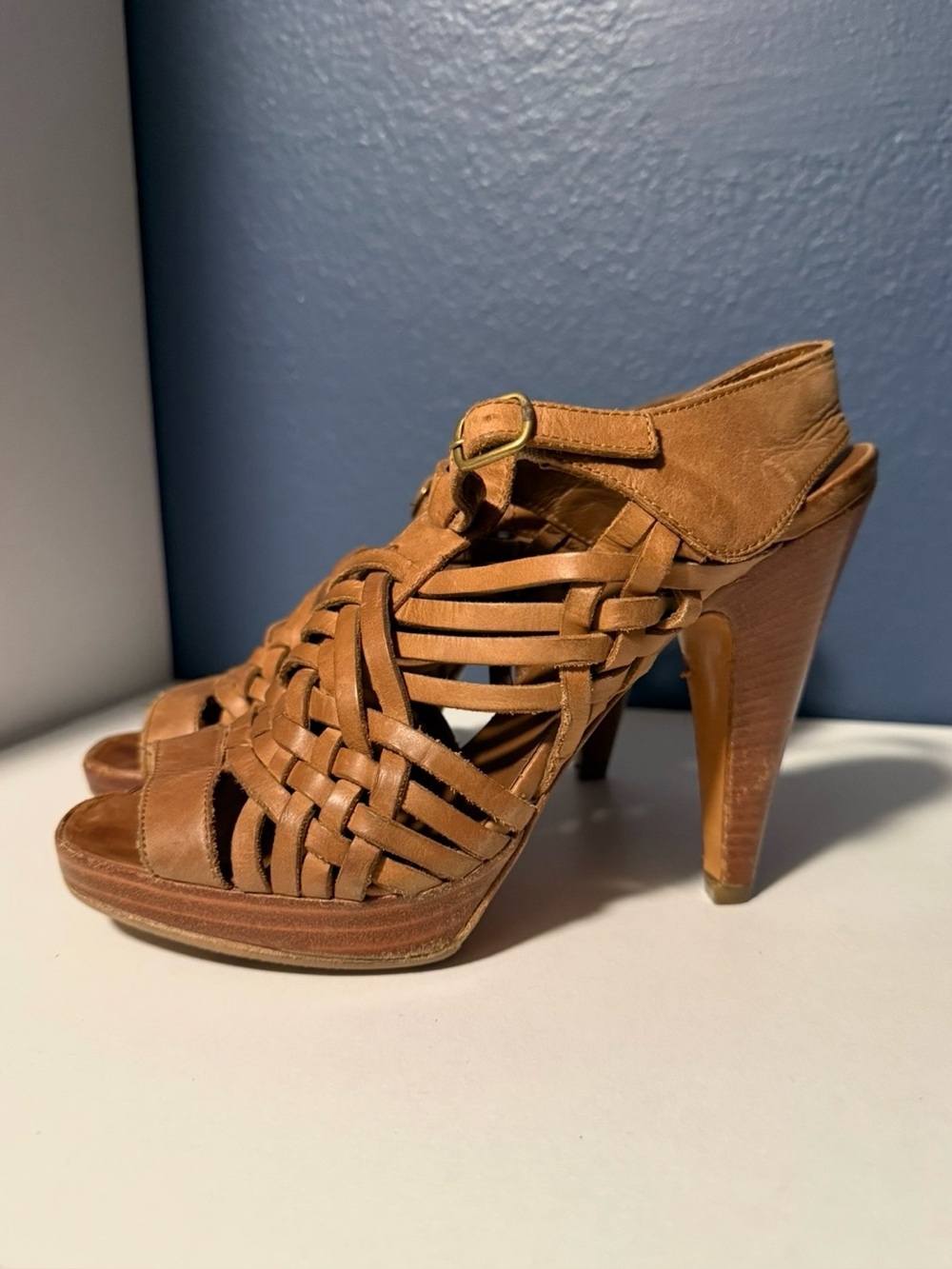 Barneys New York Co-Op Brown Woven Leather Platform  4” Cone Heel Size 37 (7)